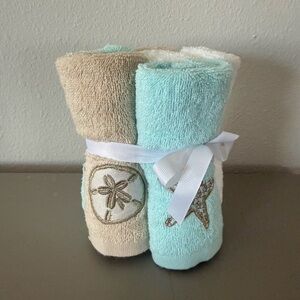 New Coastal Beach-Themed Tan, White, Blue Wash Cloth Towel Set
